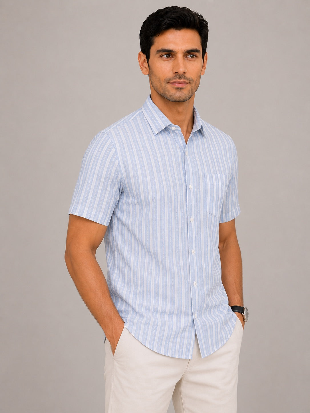 Men's Blue Striped Linen Cotton Blend Half Sleeve Formal Shirt | Regular Fit