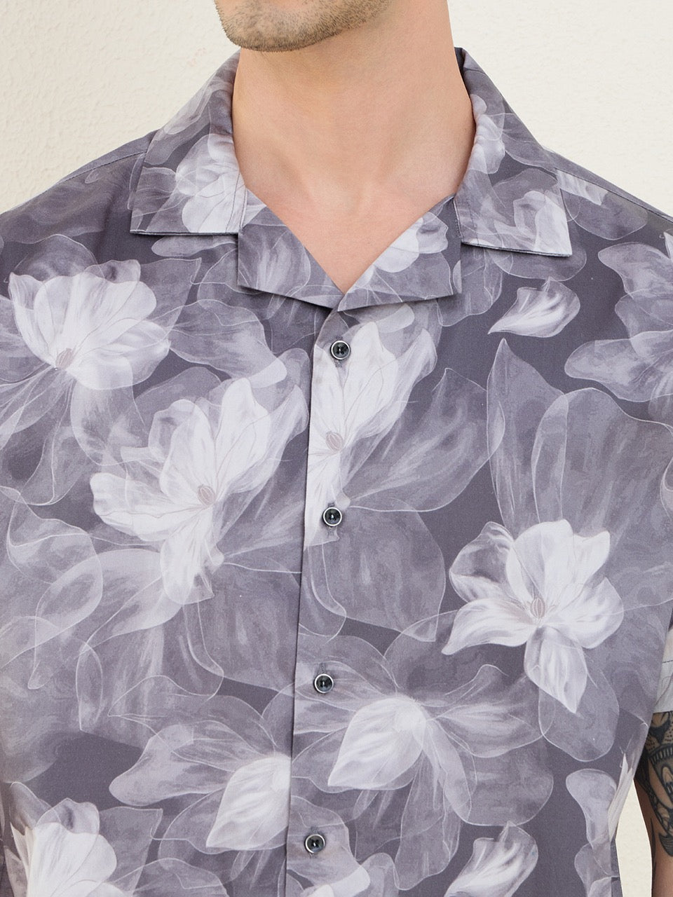 Men's Grey Floral Print 100% Cotton Cuban Collar Regular Fit Casual Shirt | MARK & ALBERT