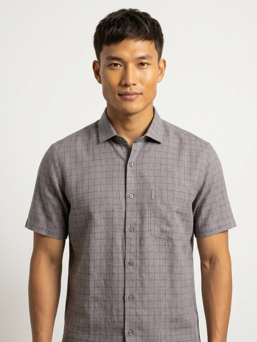 Grey Cotton Linen Regular Fit Half Sleeve Shirt