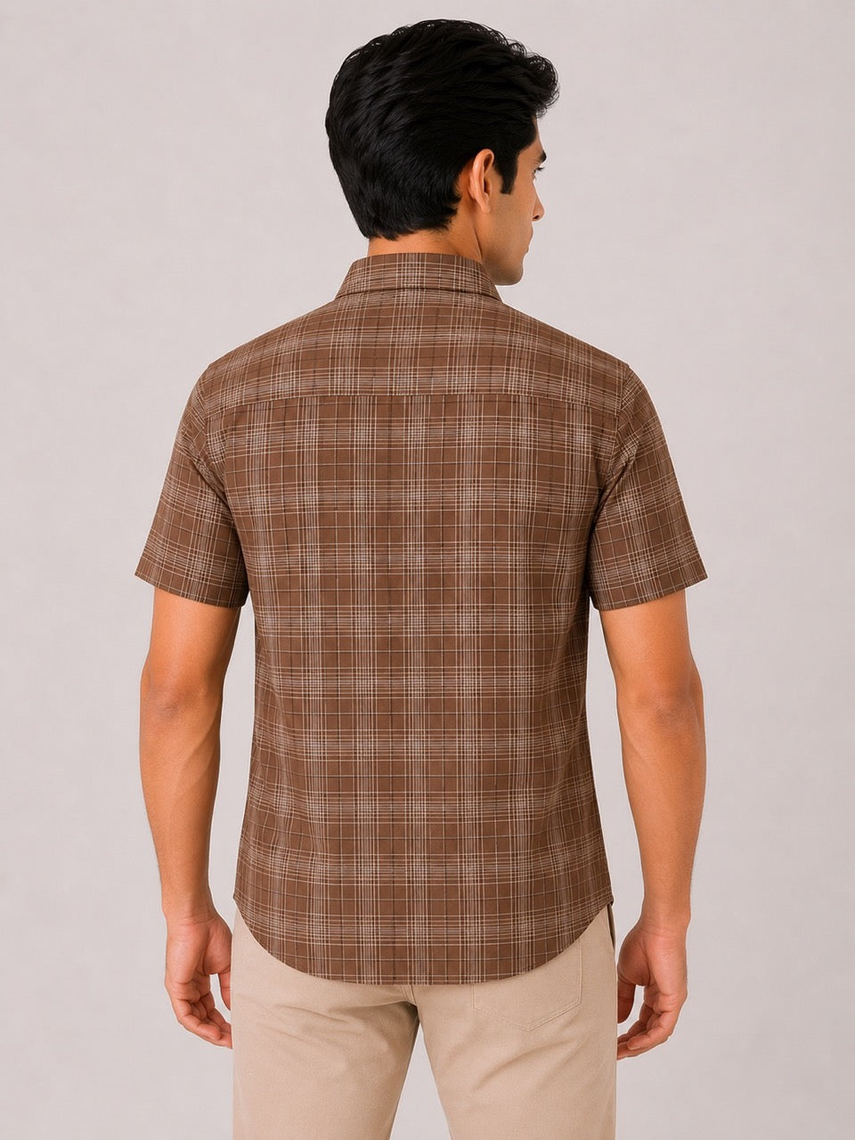 Men's Brown Check Cotton Regular Fit Half Sleeve Formal Shirt | MARK & ALBERT