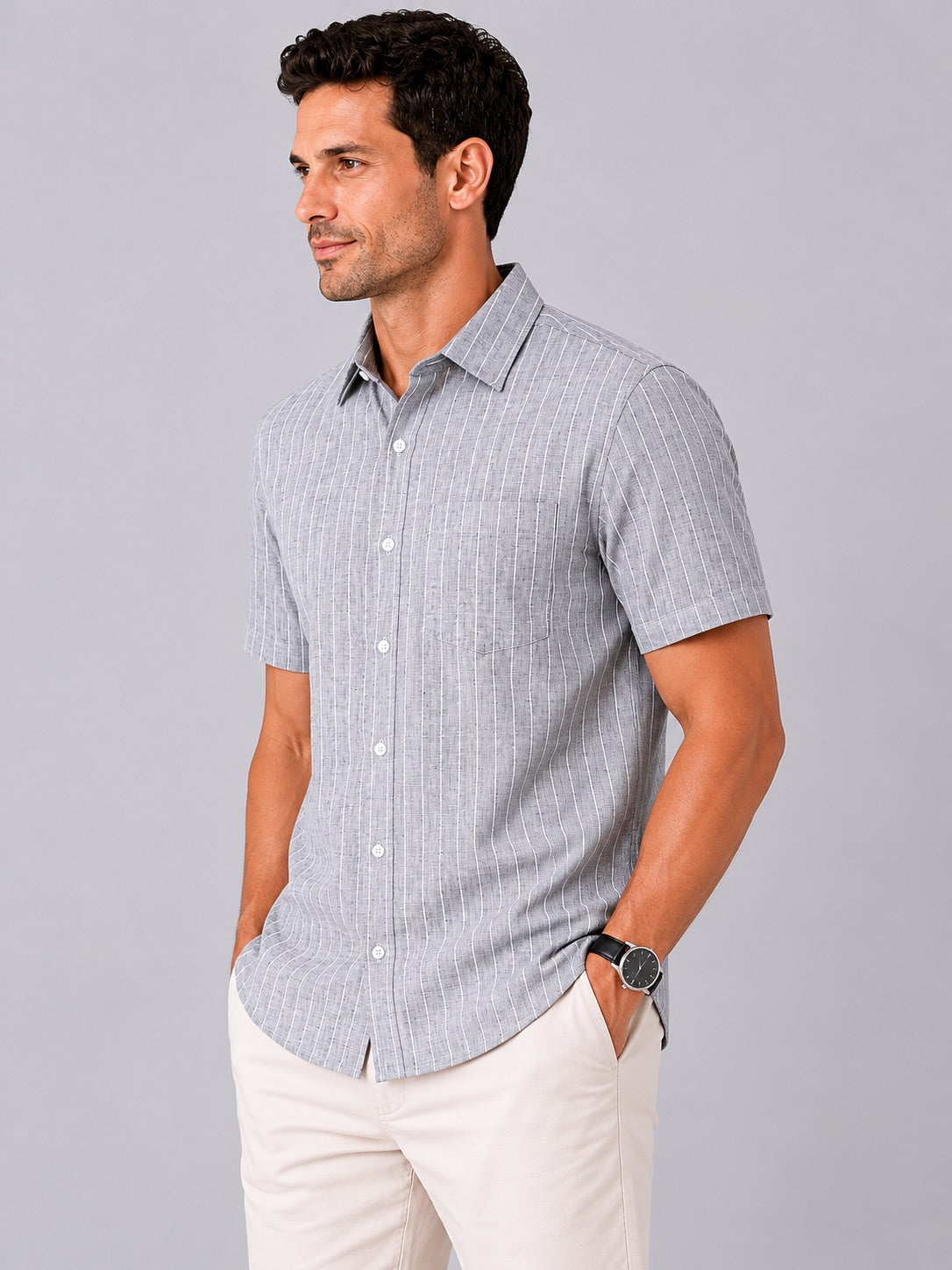 Men's Grey Striped Linen Cotton Blend Half Sleeve Formal Shirt | MARK & ALBERT