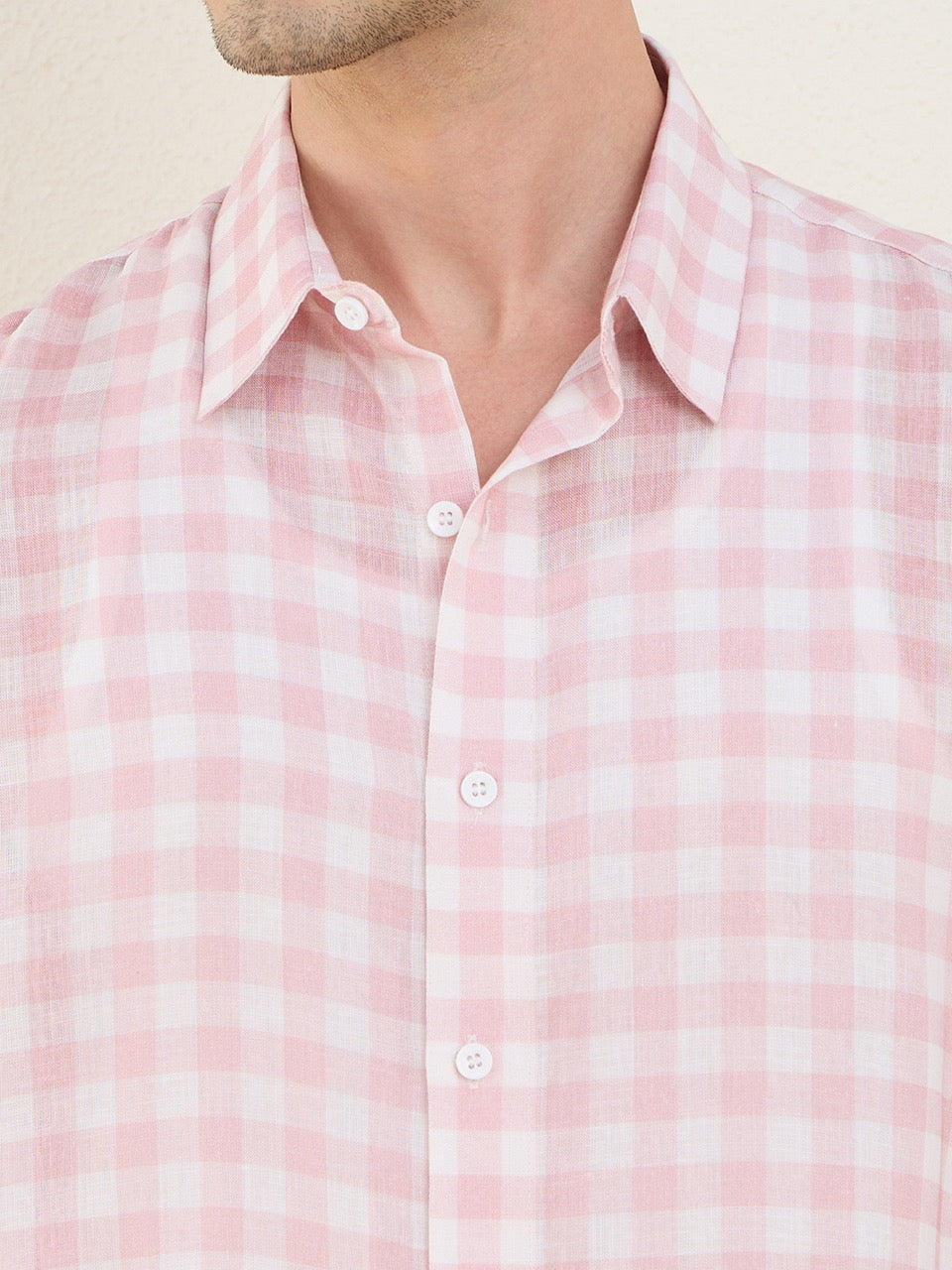 Men's Pink Check Pure Linen Slim Fit Casual Shirt | MARK & ALBERT