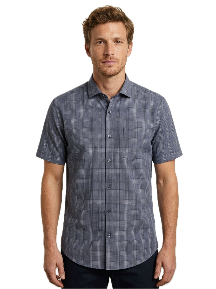 Blue Check Cotton Blend Regular Fit Half Sleeve Shirt