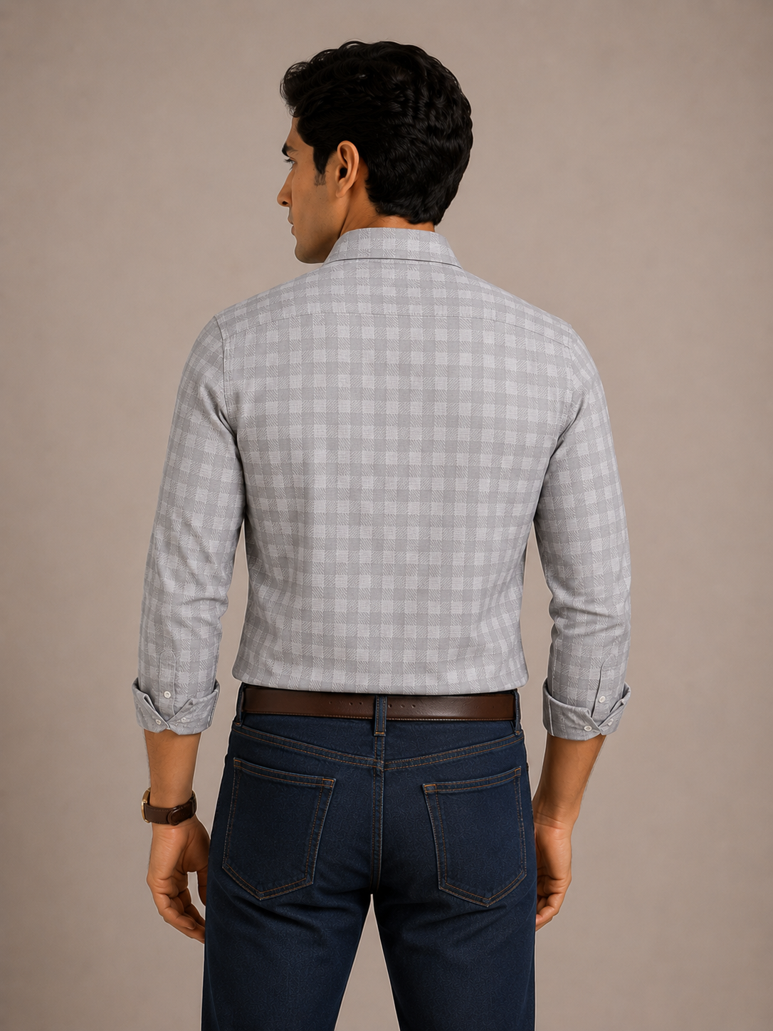 Men's Grey Herringbone Check Slim Fit 100% Cotton Shirt | MARK & ALBERT