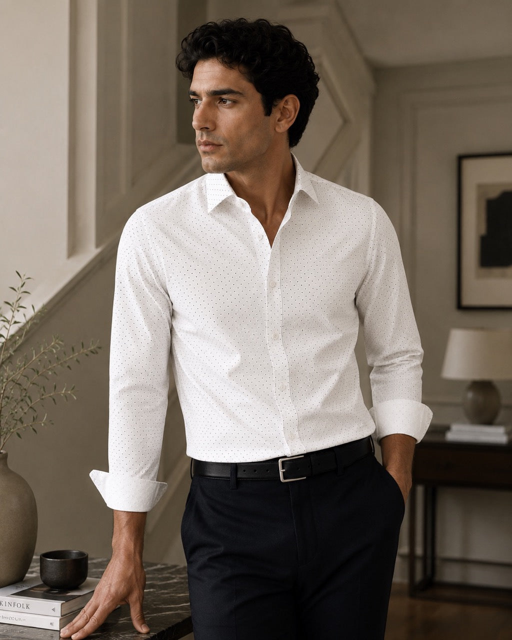 Men's White 100% Cotton Dot Print Slim Fit Formal Shirt | MARK & ALBERT