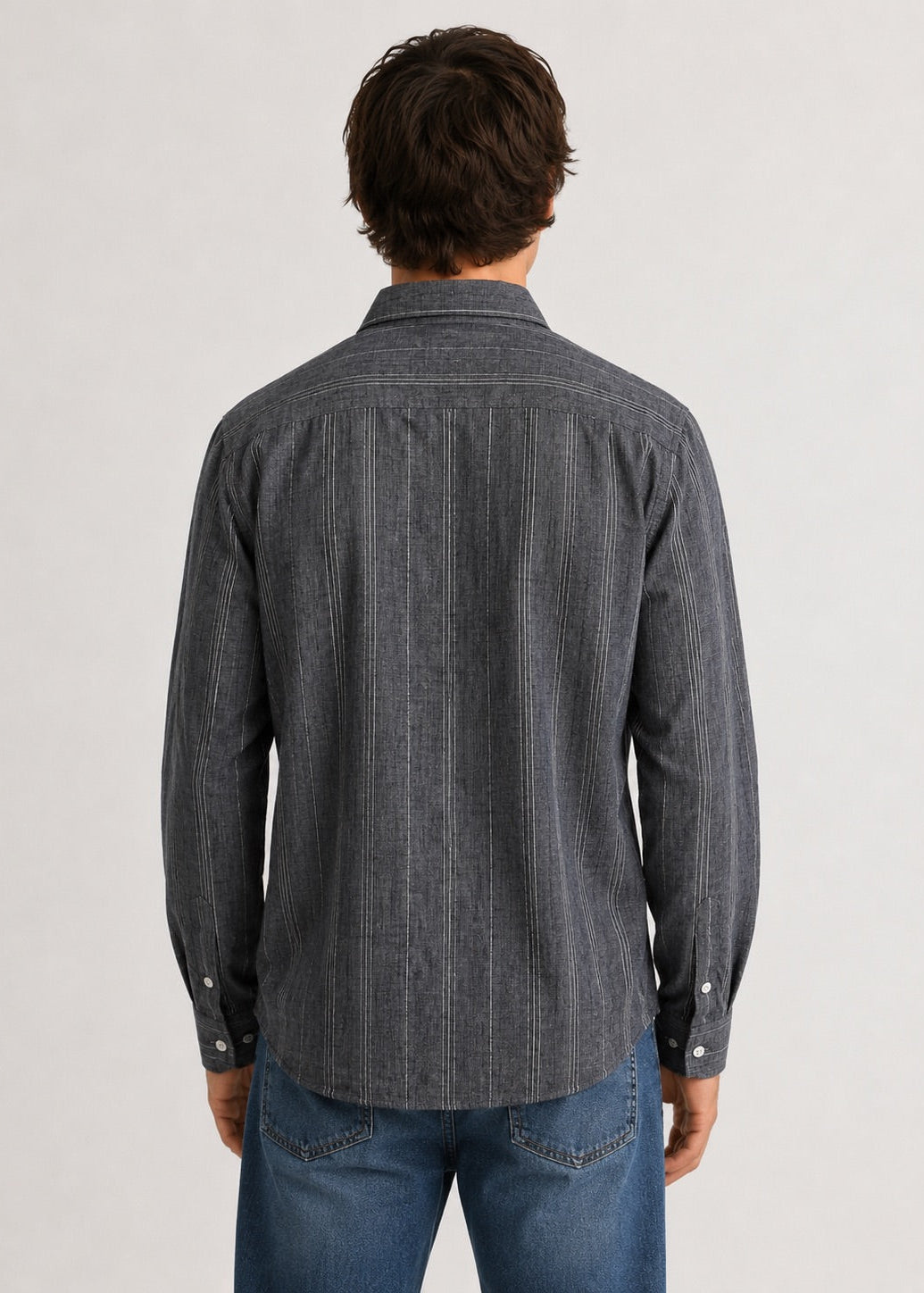 Men's Charcoal Grey Striped Cotton Linen Slim Fit Shirt | Mark & Albert