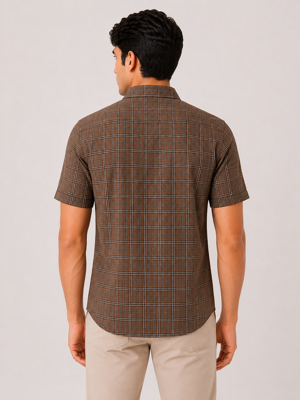 Men's Brown Checks Cotton Regular Fit Half Sleeve Formal Shirt |MARK & ALBERT