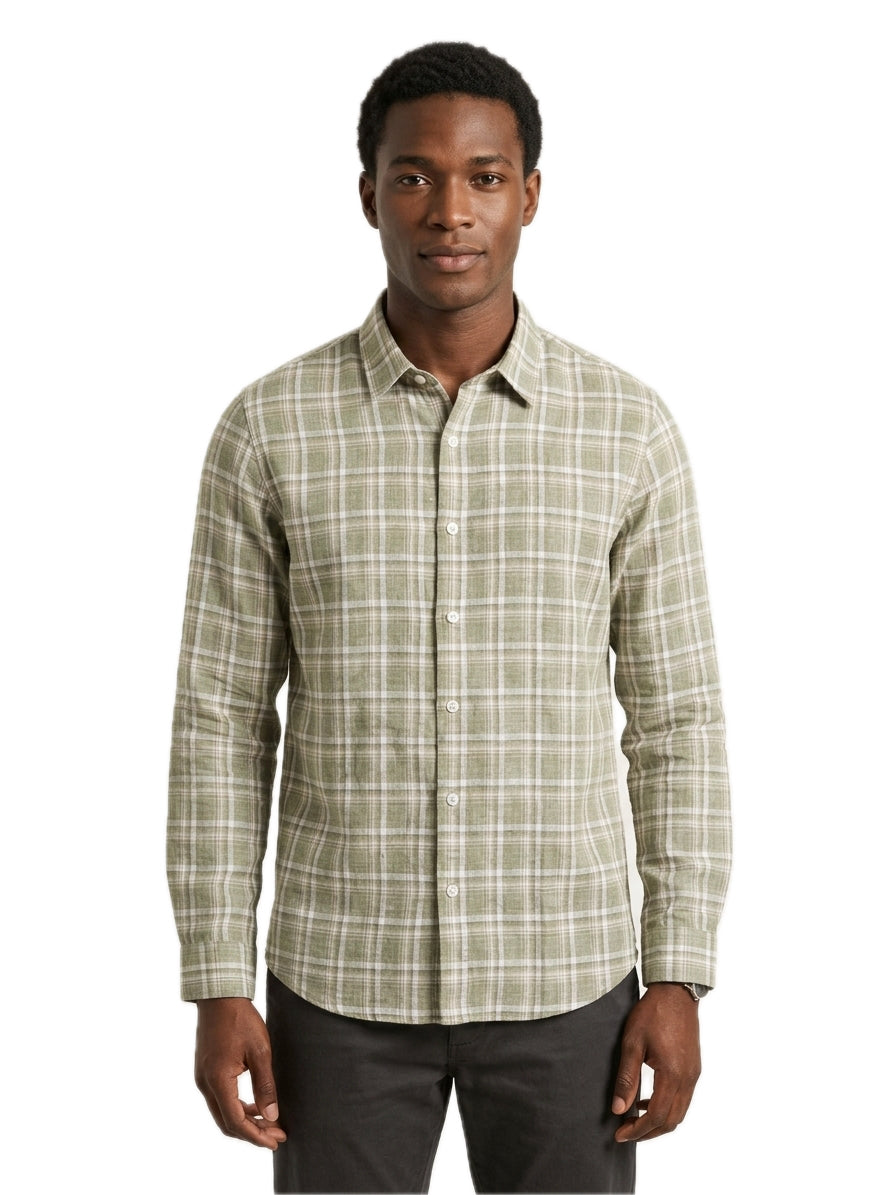 Green Checks Cotton Linen Slim Fit Casual Shirt