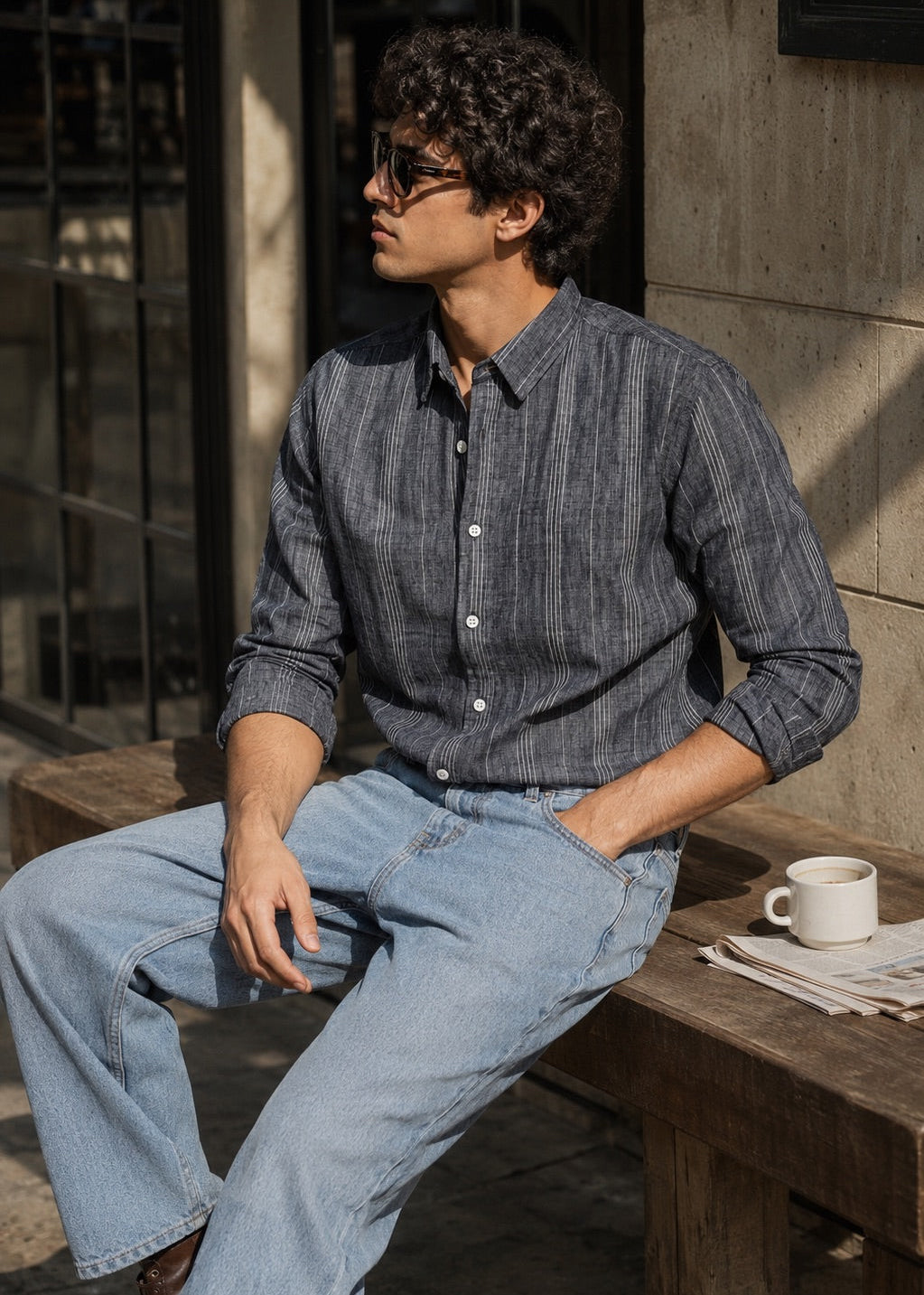 Men's Charcoal Grey Striped Cotton Linen Slim Fit Shirt | Mark & Albert