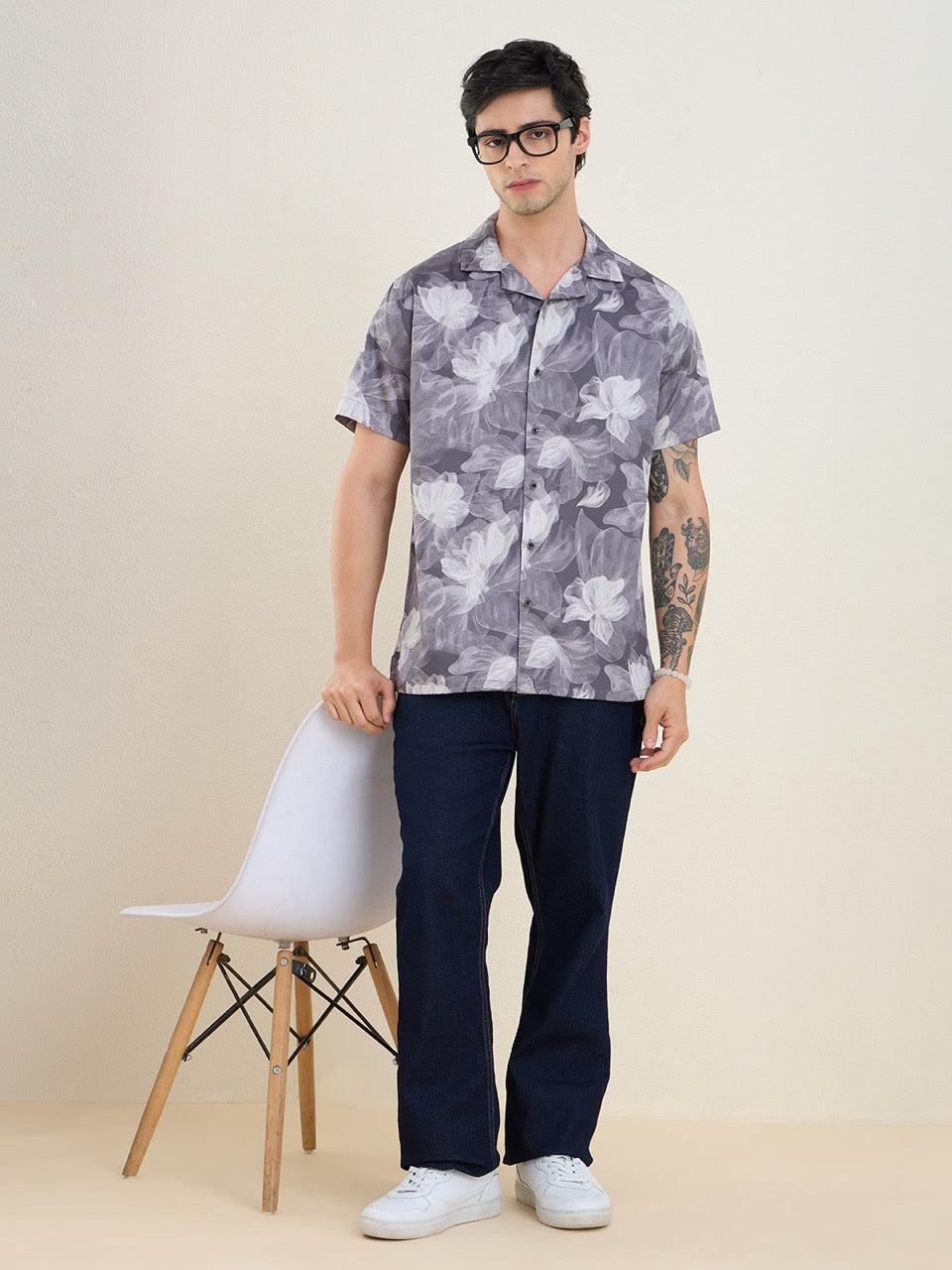 Men's Grey Floral Print 100% Cotton Cuban Collar Regular Fit Casual Shirt | MARK & ALBERT