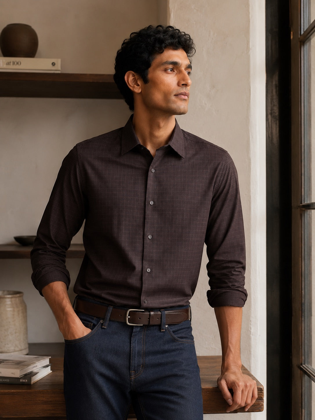 Men's Brown Checkered Slim Fit 100% Cotton Shirt | MARK & ALBERT