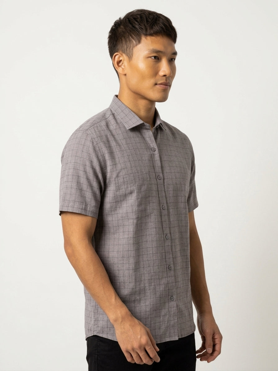 Grey Cotton Linen Regular Fit Half Sleeve Shirt