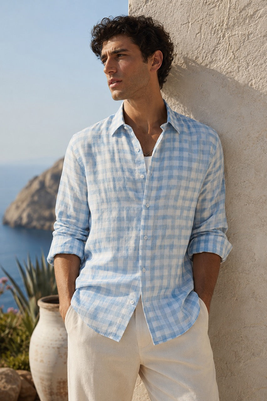 Men's Blue Pure Linen Gingham Check Slim Fit Casual Shirt | MARK & ALBERT