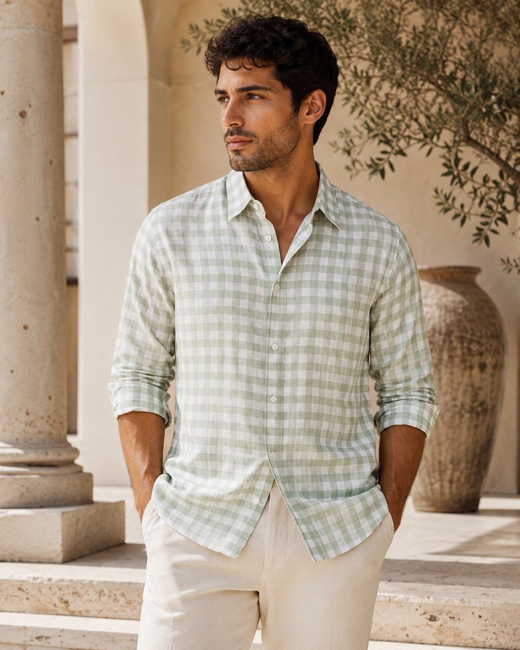 Men's Sage Green Pure Linen Gingham Check Slim Fit Casual Shirt | MARK & ALBERT
