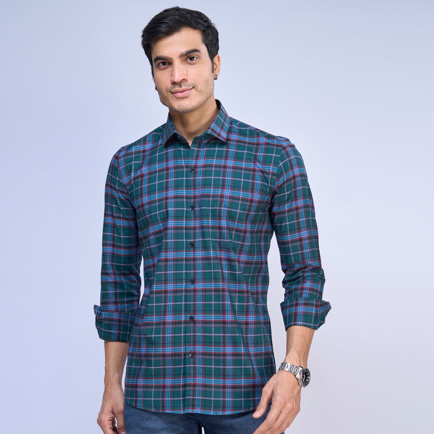 Green Cotton Twill Checkered Shirt