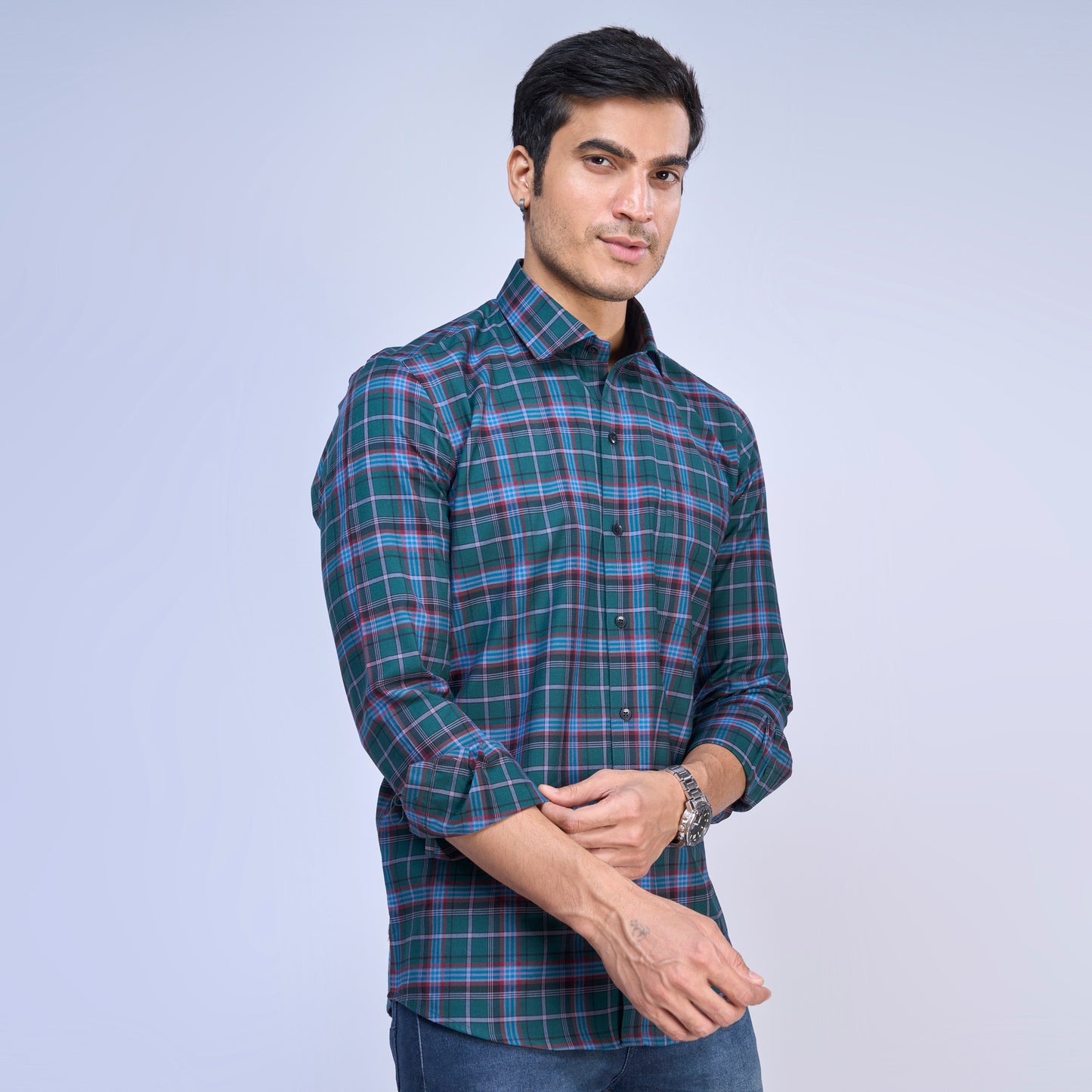 Green Cotton Twill Checkered Shirt