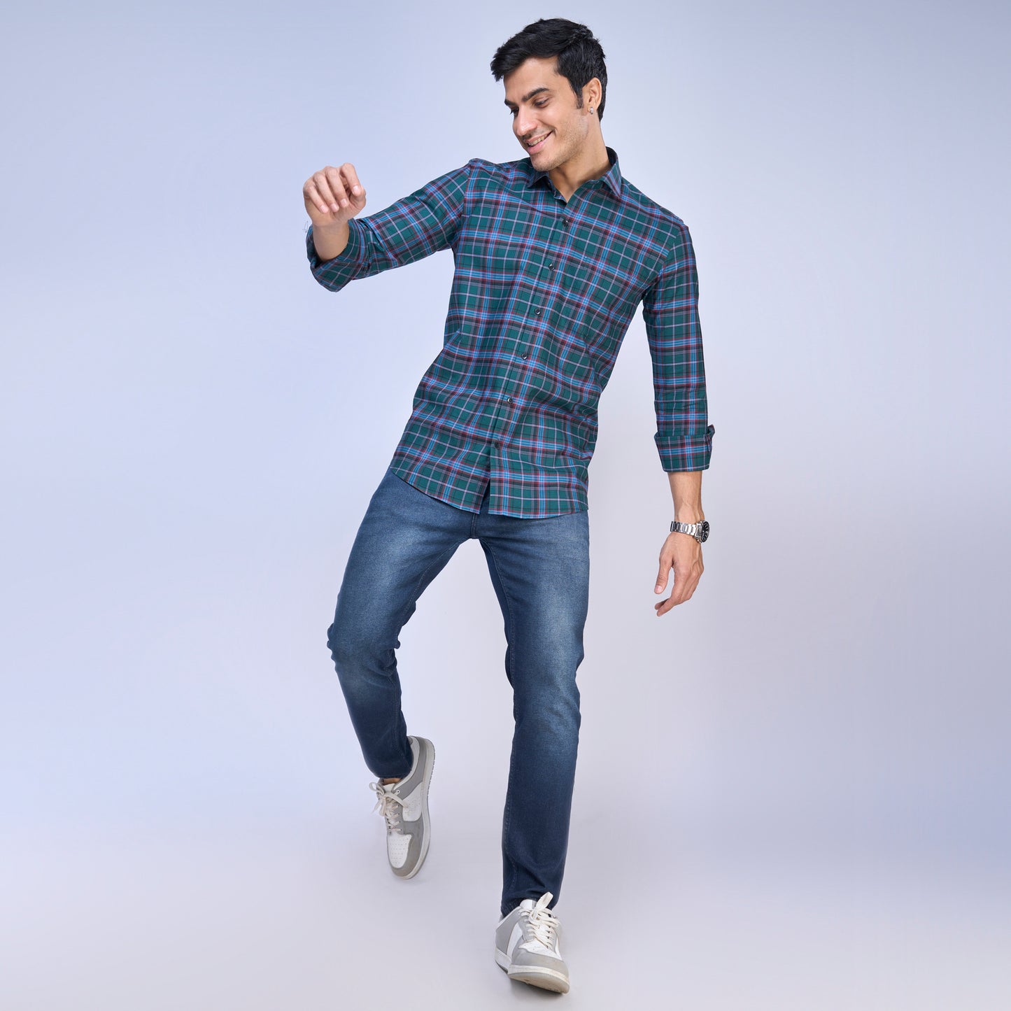 Green Cotton Twill Checkered Shirt