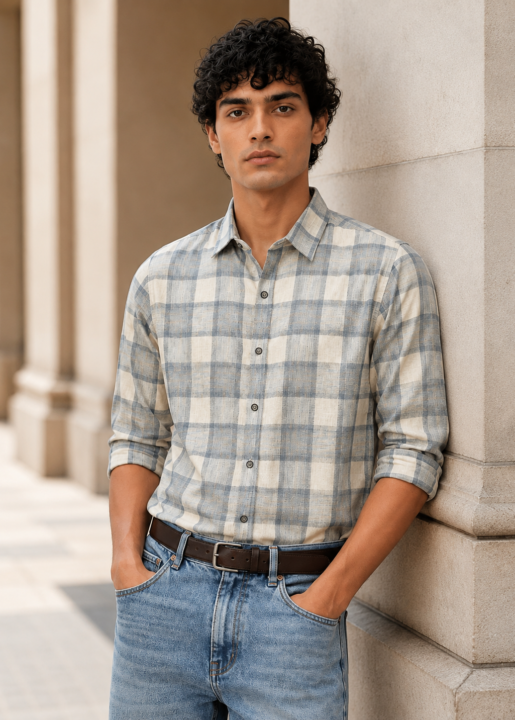 Men's Grey Checkered Cotton Linen Slim Fit Casual Shirt | Mark & Albert
