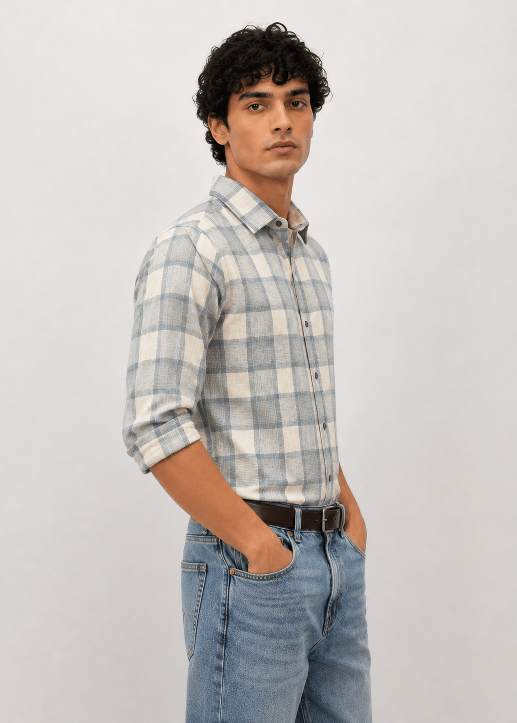 Men's Grey Checkered Cotton Linen Slim Fit Casual Shirt | Mark & Albert