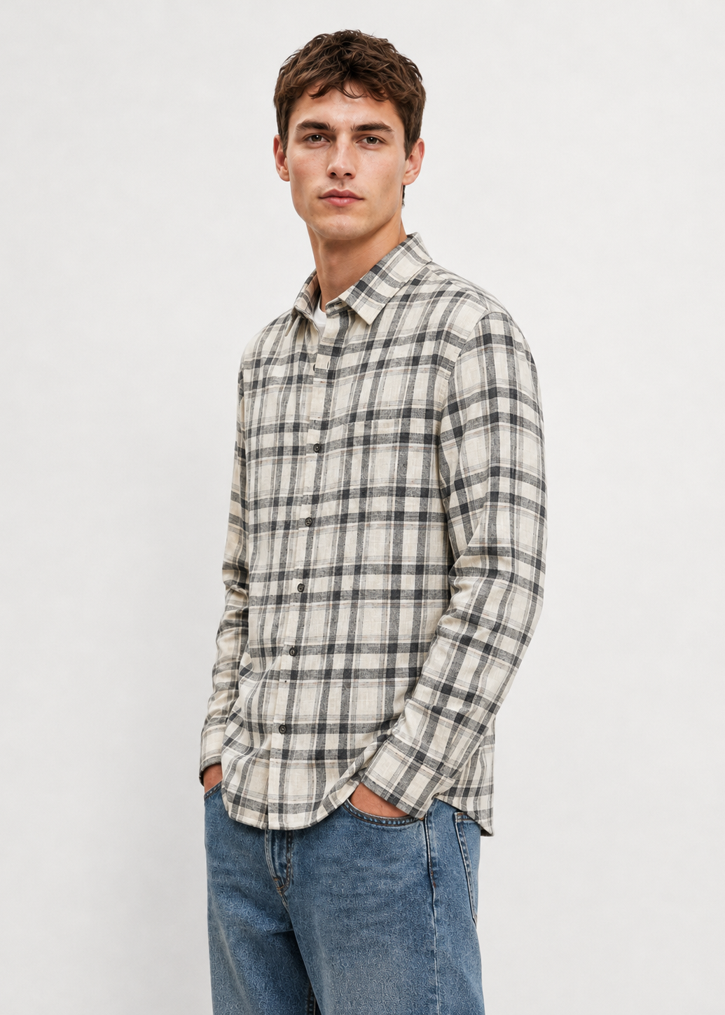 Men's Beige Checkered Cotton Linen Slim Fit Casual Shirt | Mark & Albert