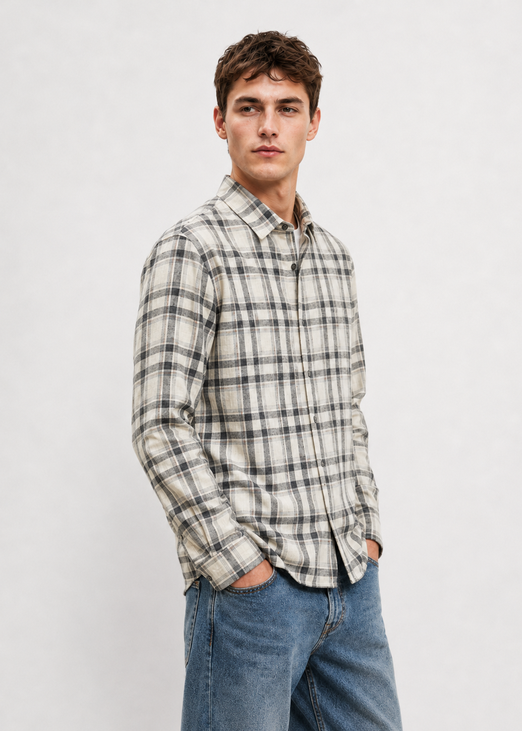 Men's Beige Checkered Cotton Linen Slim Fit Casual Shirt | Mark & Albert