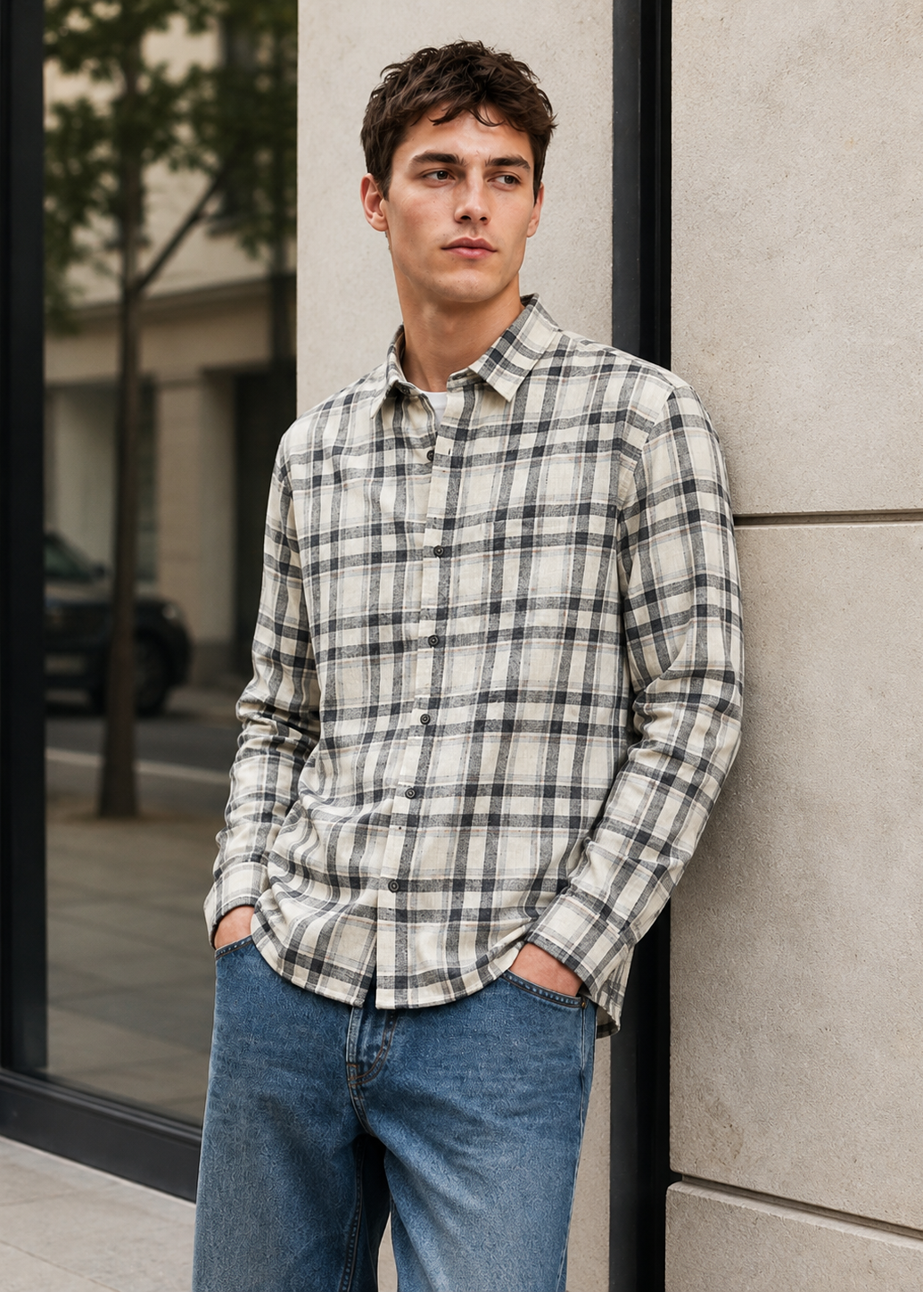 Men's Beige Checkered Cotton Linen Slim Fit Casual Shirt | Mark & Albert