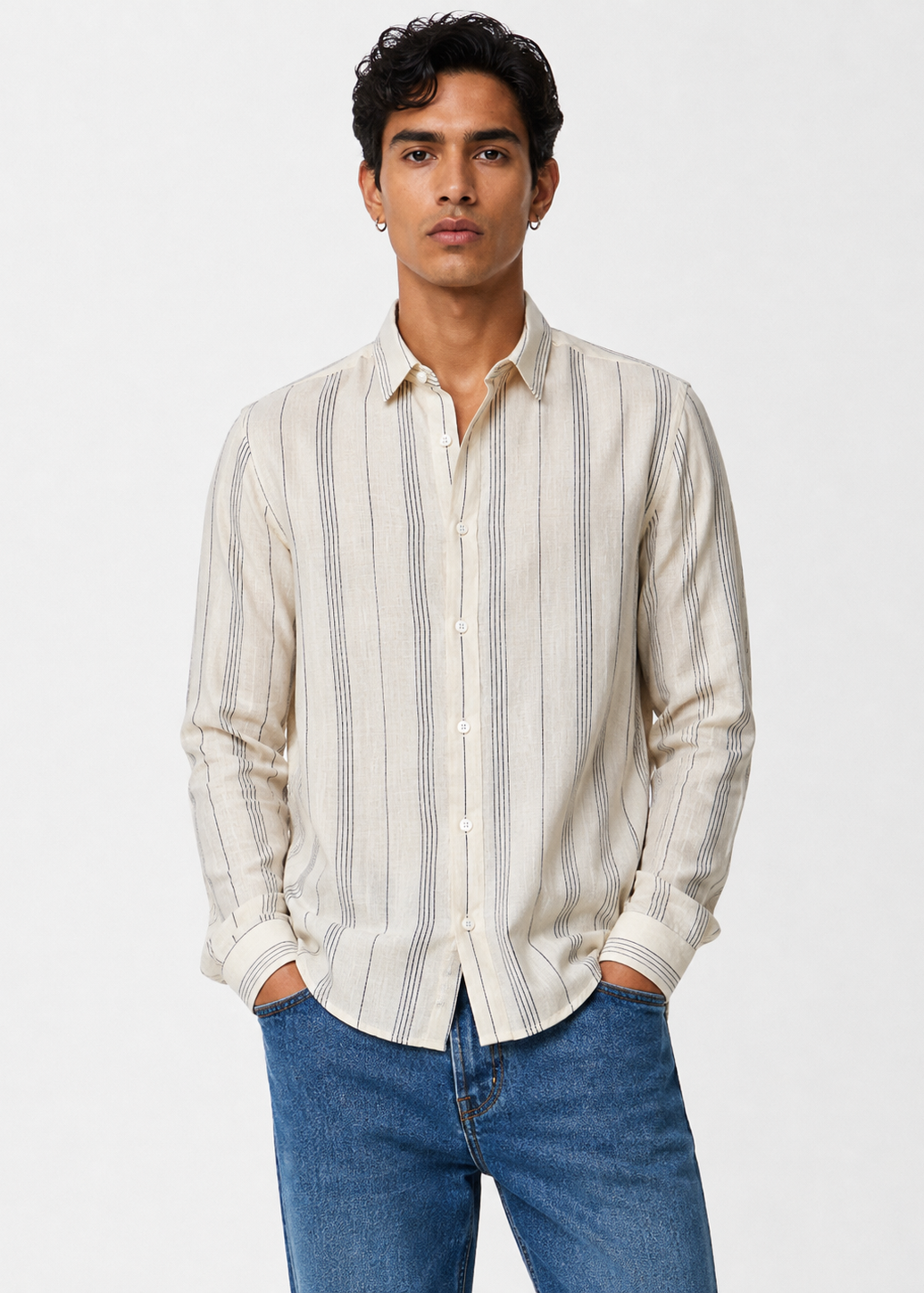 Men's Cream Striped Cotton Linen Slim Fit Casual Shirt | Mark & Albert