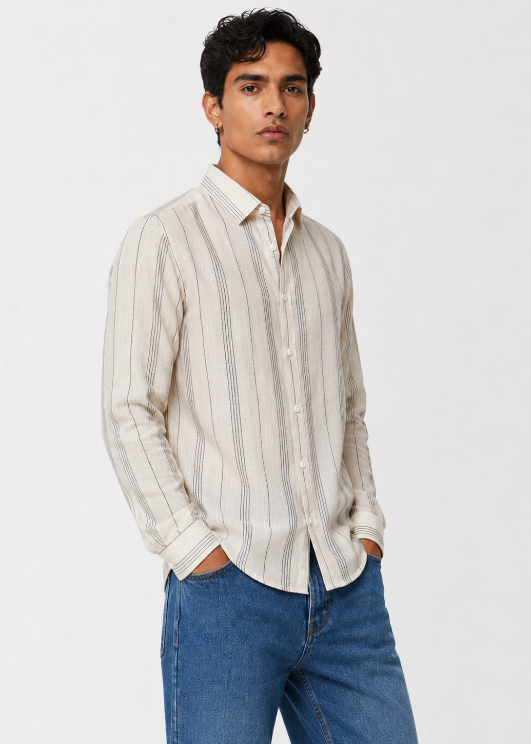 Men's Cream Striped Cotton Linen Slim Fit Casual Shirt | Mark & Albert