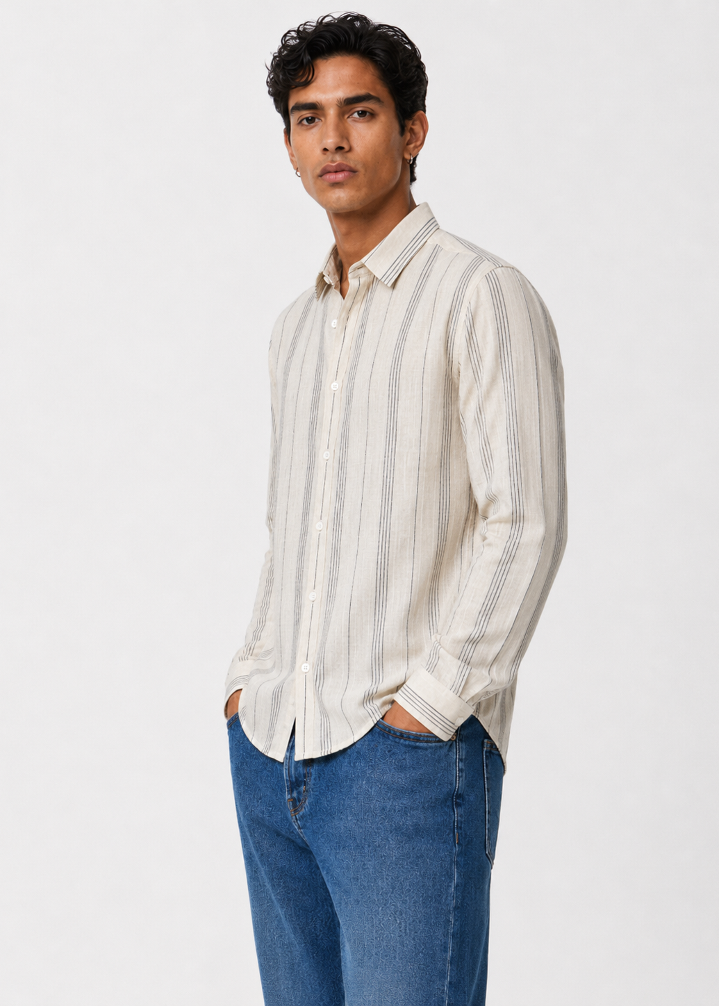 Men's Cream Striped Cotton Linen Slim Fit Casual Shirt | Mark & Albert