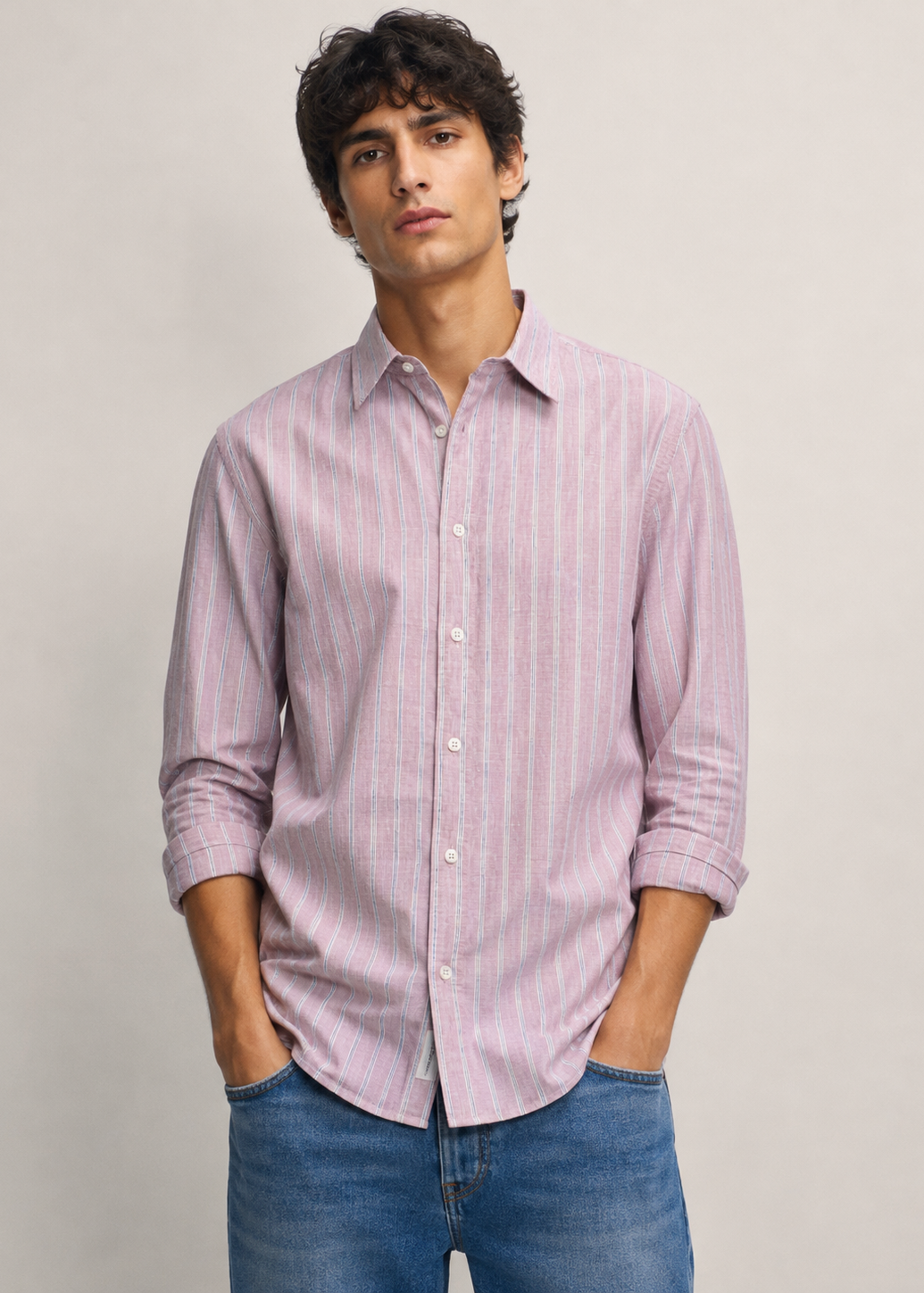 Men's Pink Striped Cotton Linen Slim Fit Casual Shirt | Mark & Albert