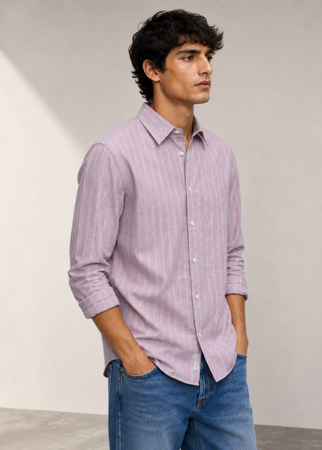 Men's Pink Striped Cotton Linen Slim Fit Casual Shirt | Mark & Albert