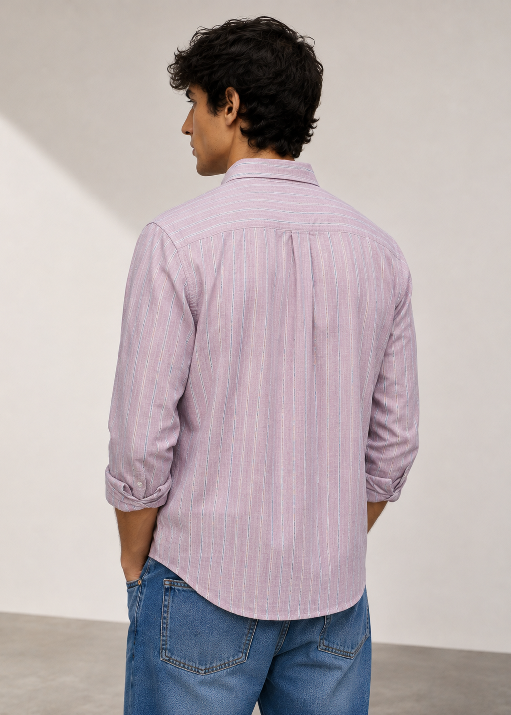 Men's Pink Striped Cotton Linen Slim Fit Casual Shirt | Mark & Albert