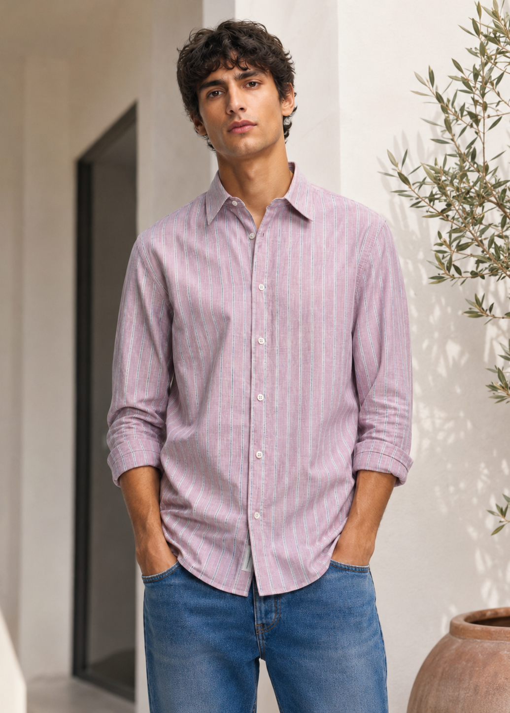 Men's Pink Striped Cotton Linen Slim Fit Casual Shirt | Mark & Albert