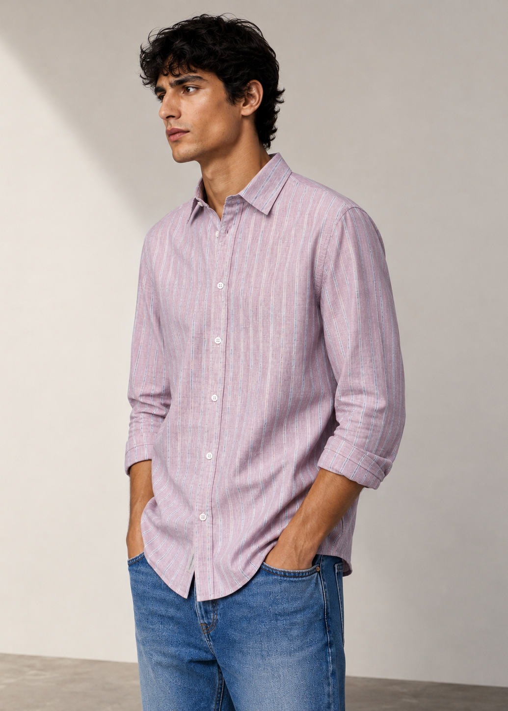 Men's Pink Striped Cotton Linen Slim Fit Casual Shirt | Mark & Albert