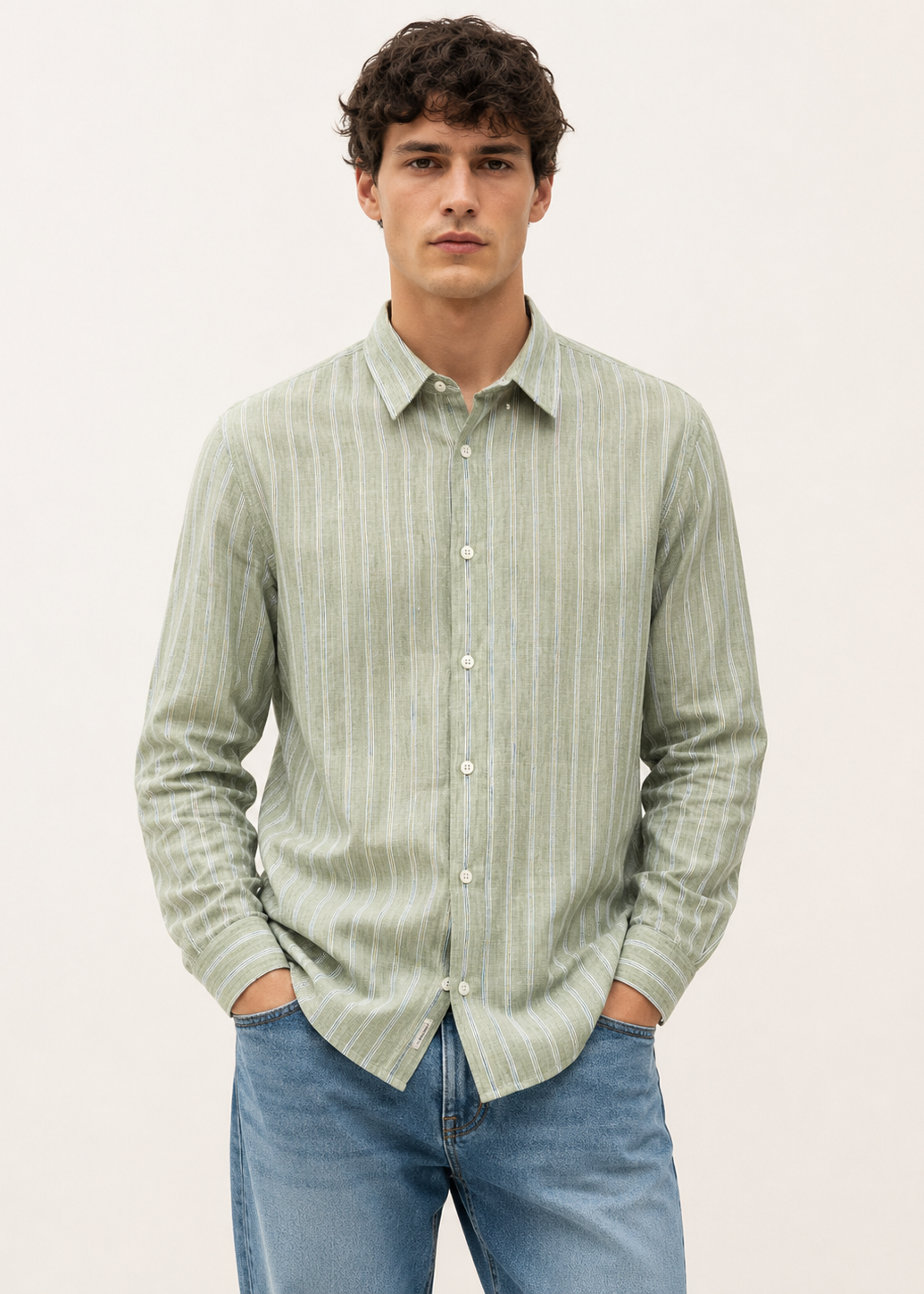 Men's Sage Green Striped Cotton Linen Slim Fit Shirt | Mark & Albert