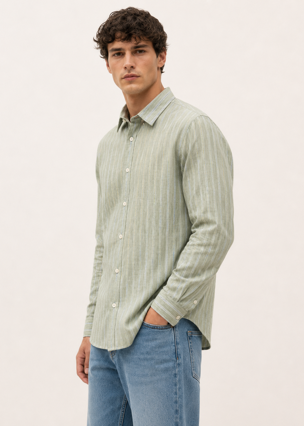 Men's Sage Green Striped Cotton Linen Slim Fit Shirt | Mark & Albert