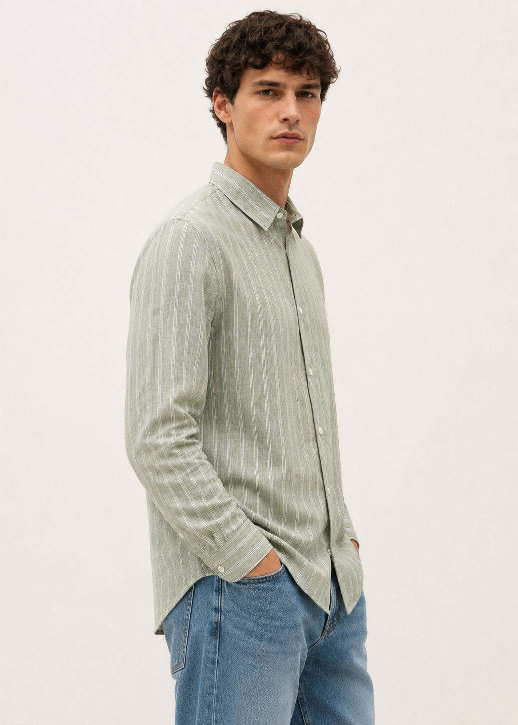 Men's Sage Green Striped Cotton Linen Slim Fit Shirt | Mark & Albert