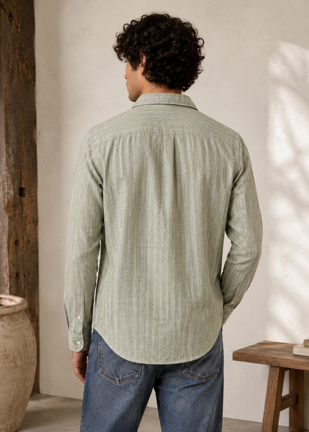 Men's Sage Green Striped Cotton Linen Slim Fit Shirt | Mark & Albert