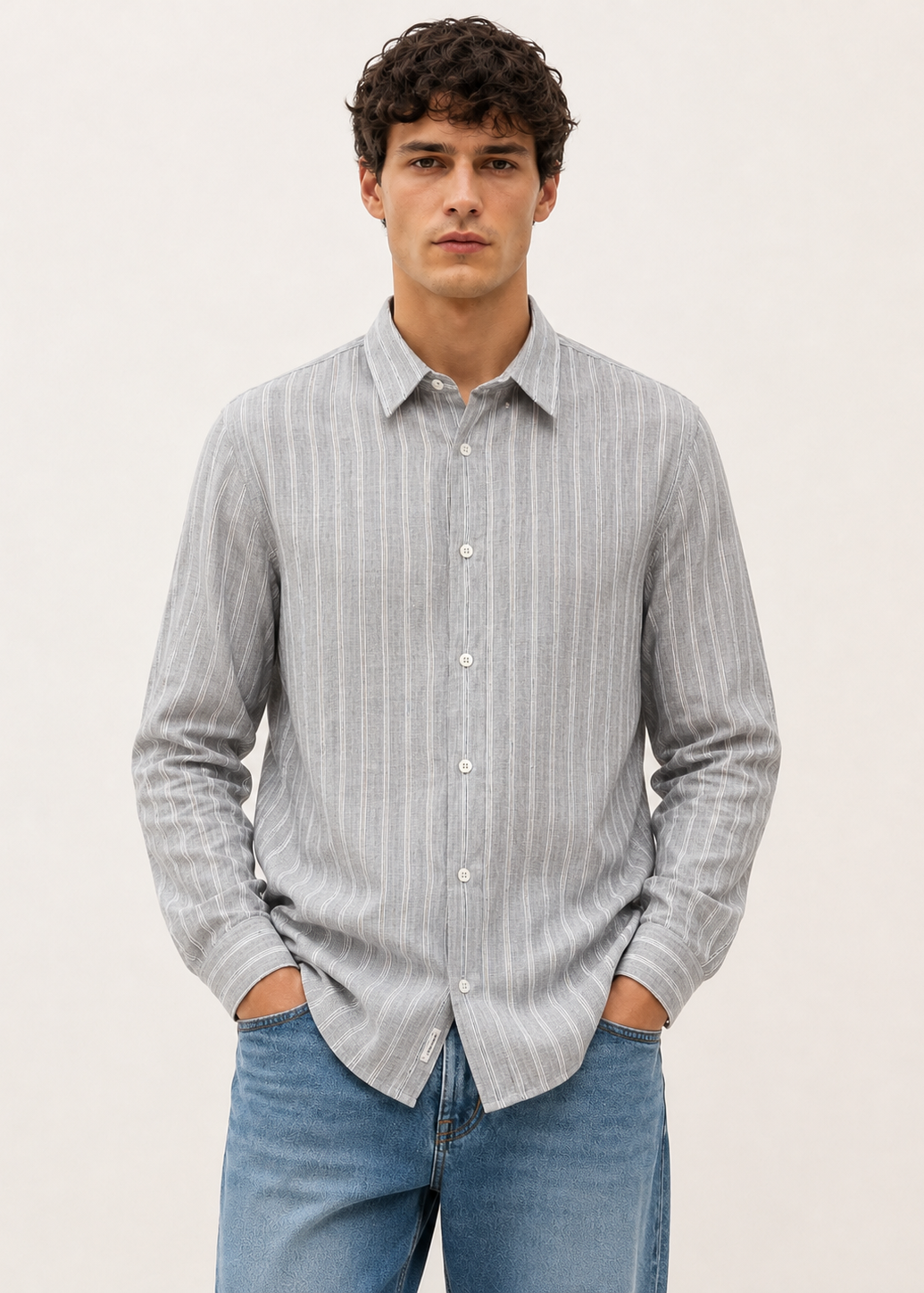 Men's Grey Striped Cotton Linen Slim Fit Casual Shirt | Mark & Albert