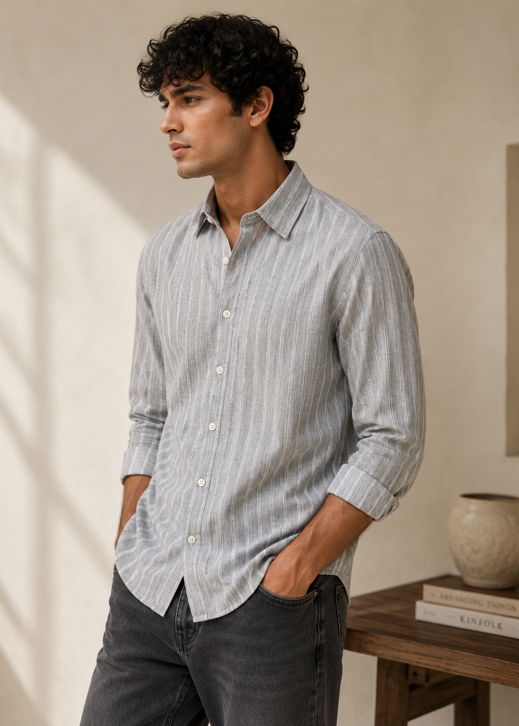 Men's Grey Striped Cotton Linen Slim Fit Casual Shirt | Mark & Albert