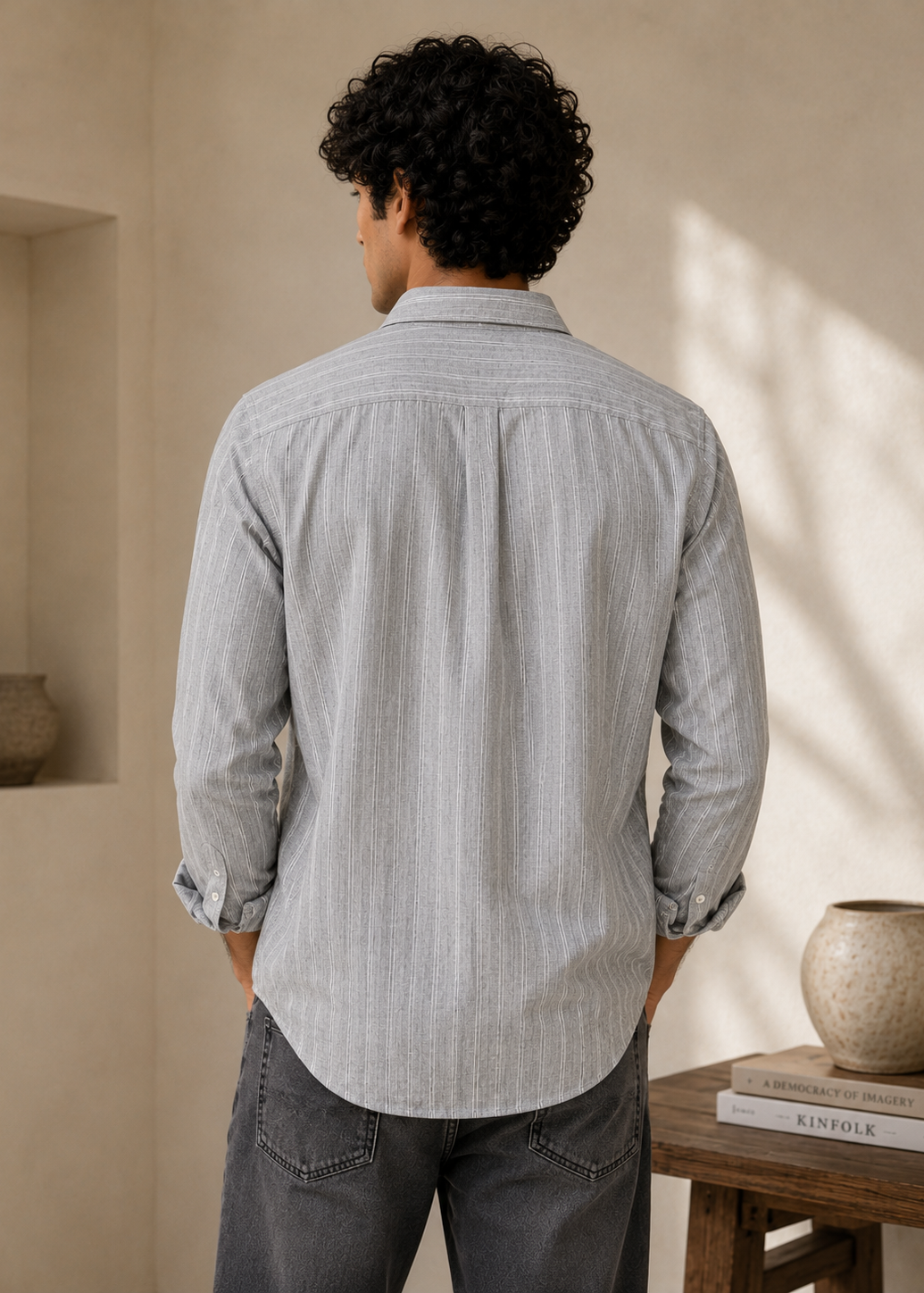 Men's Grey Striped Cotton Linen Slim Fit Casual Shirt | Mark & Albert