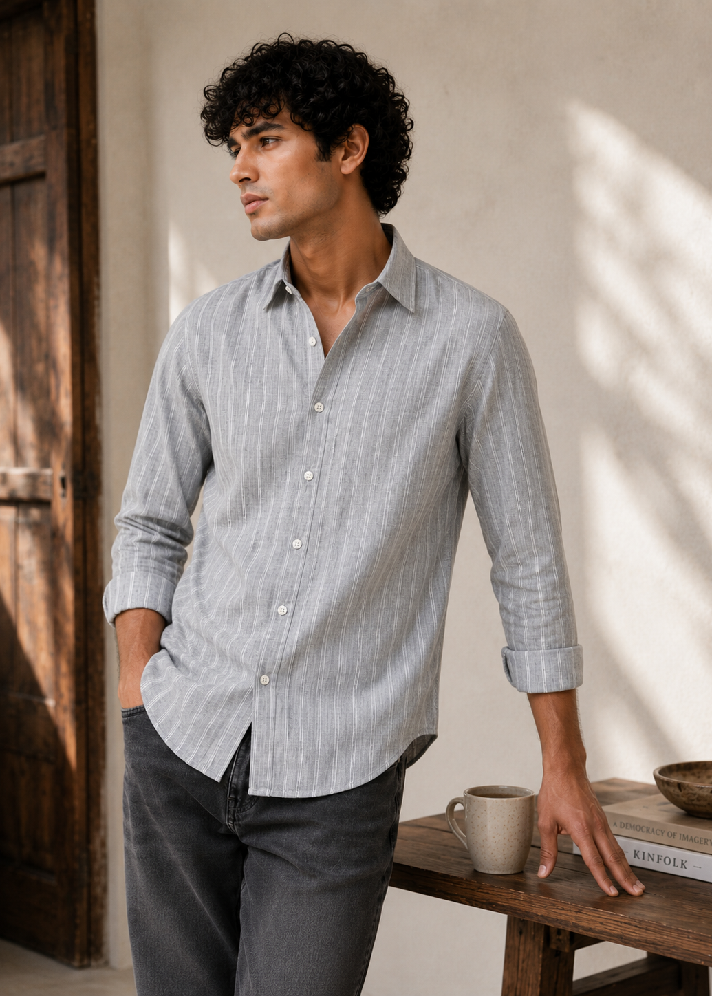 Men's Grey Striped Cotton Linen Slim Fit Casual Shirt | Mark & Albert
