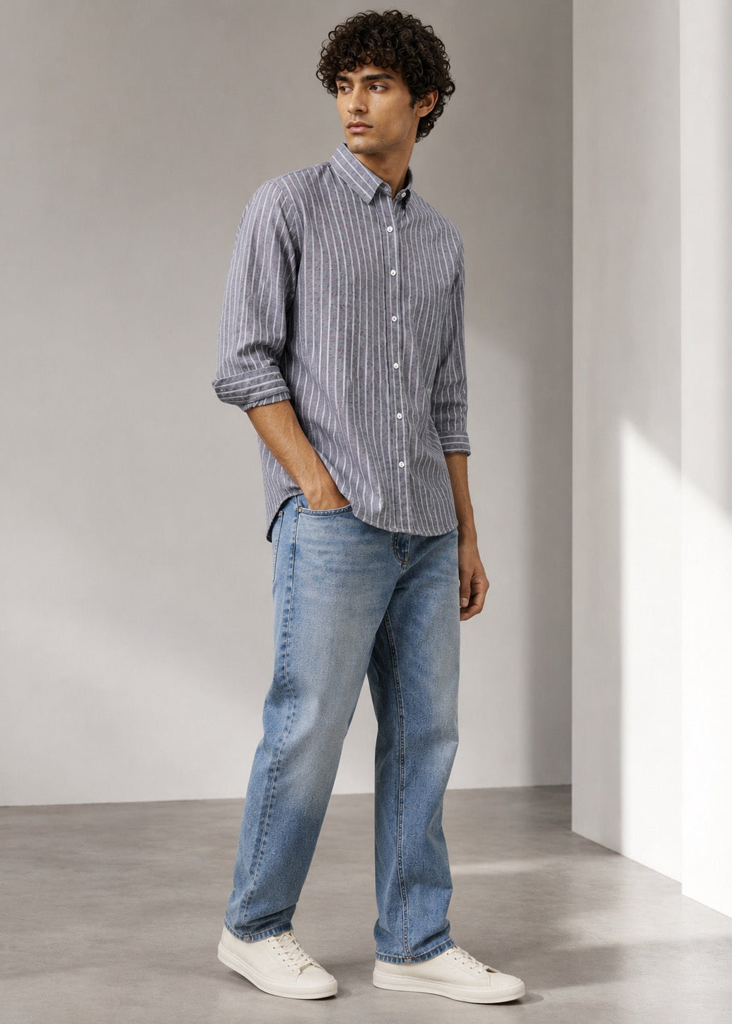 Men's Grey Striped Cotton Linen Slim Fit Shirt | Mark & Albert