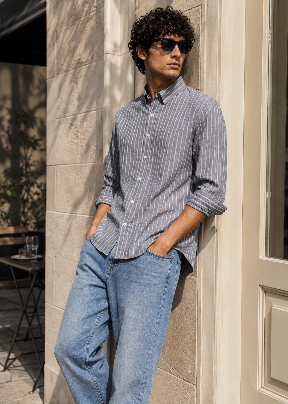 Men's Grey Striped Cotton Linen Slim Fit Shirt | Mark & Albert