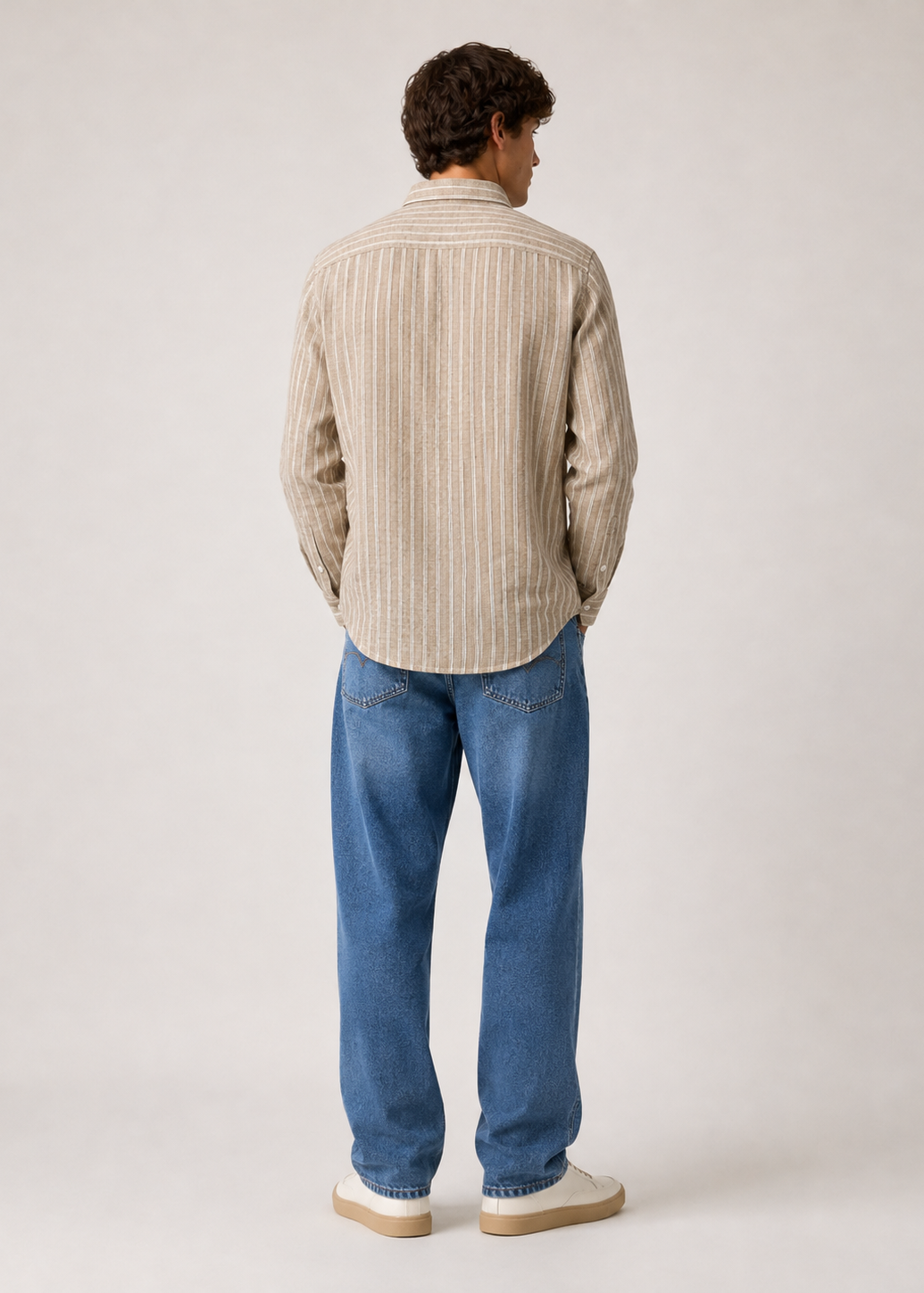 Men's Beige Striped Cotton Linen Slim Fit Casual Shirt | Mark & Albert