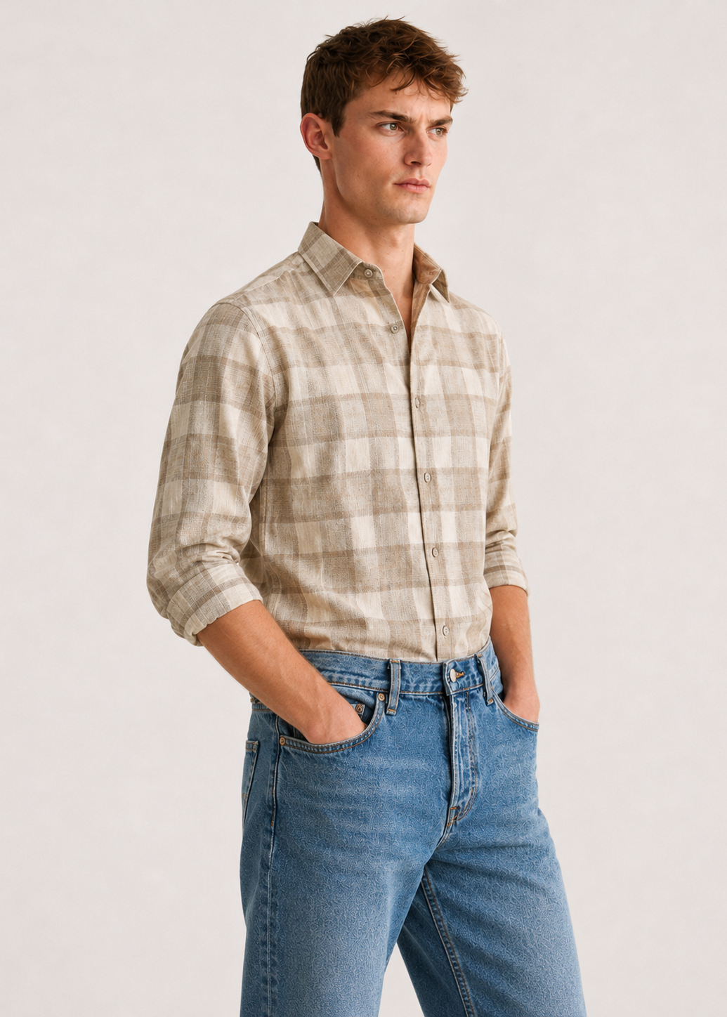 Men's Beige Checkered Cotton Linen Slim Fit Casual Shirt | Mark & Albert
