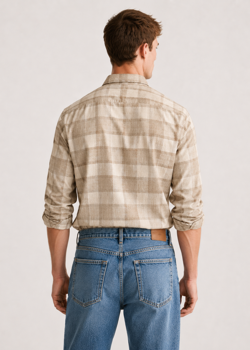 Men's Beige Checkered Cotton Linen Slim Fit Casual Shirt | Mark & Albert