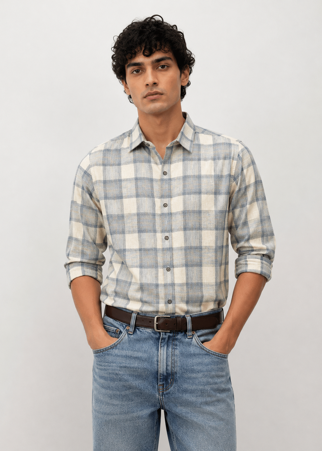 Men's Grey Checkered Cotton Linen Slim Fit Casual Shirt | Mark & Albert