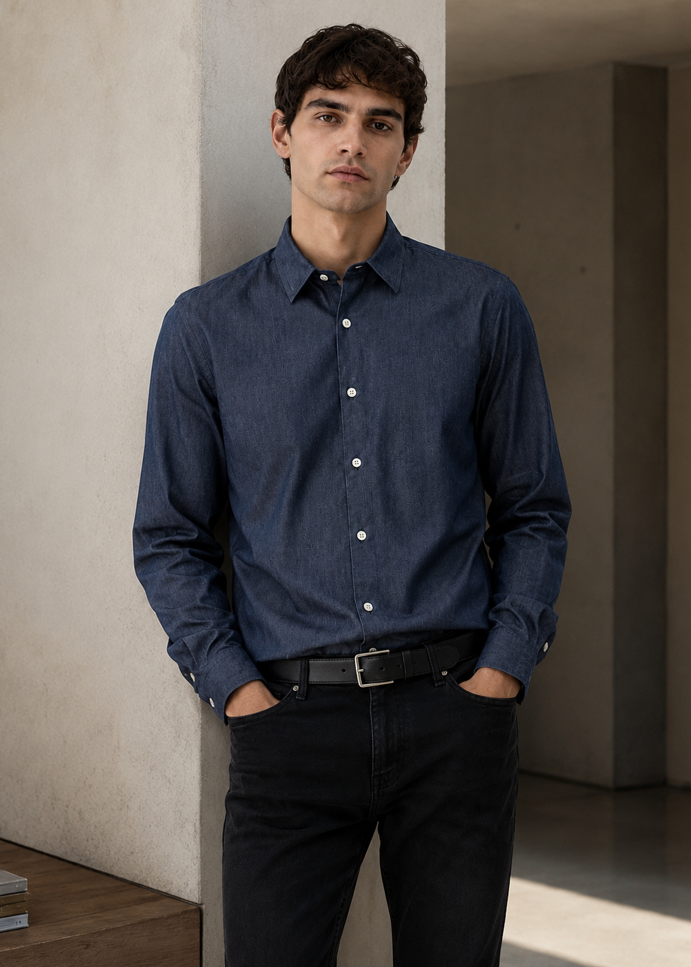 Dark Indigo Denim Cotton Slim Fit Casual Shirt