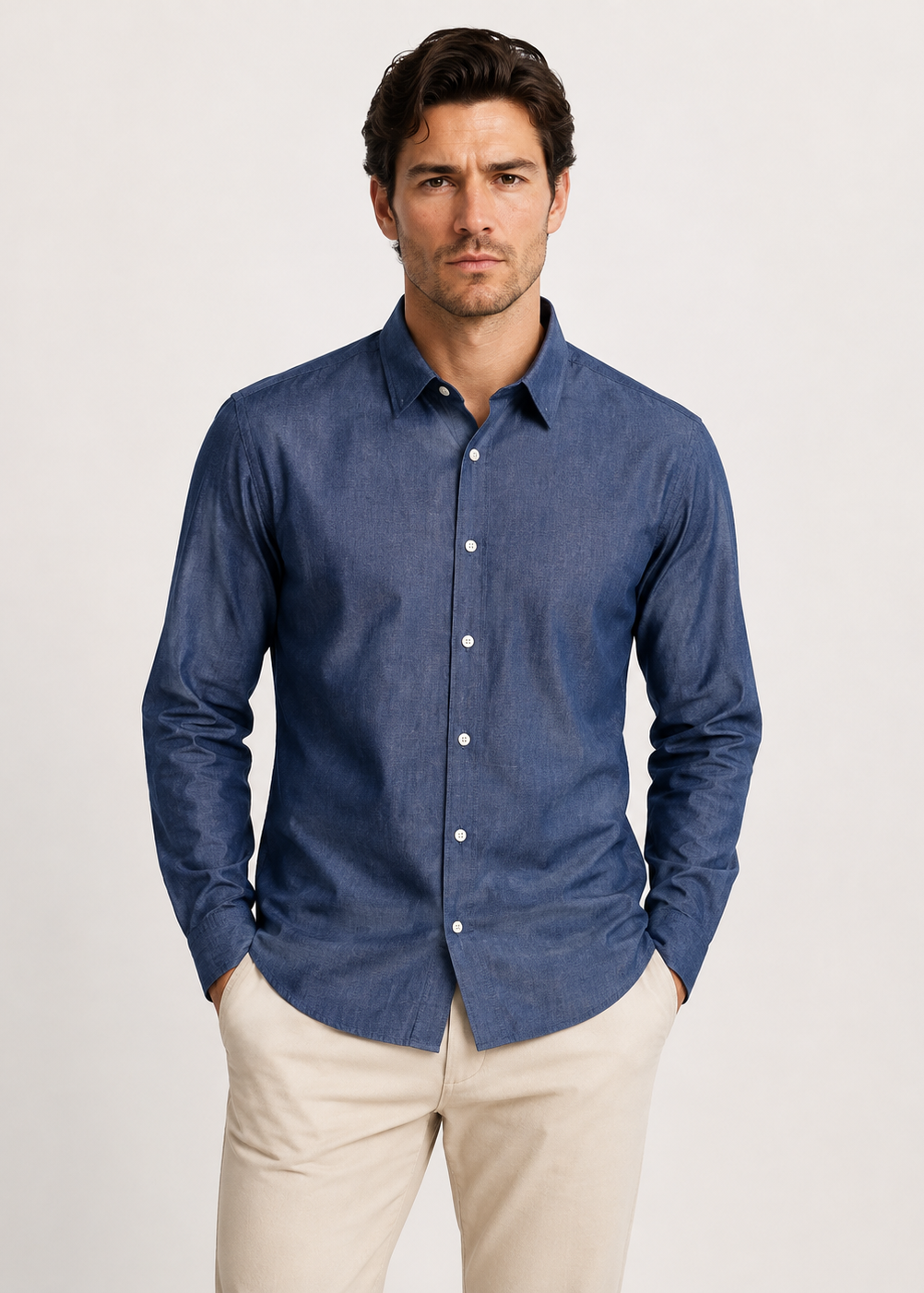 Men's Dark Blue Denim 100% Cotton Slim Fit Casual Shirt | MARK & ALBERT